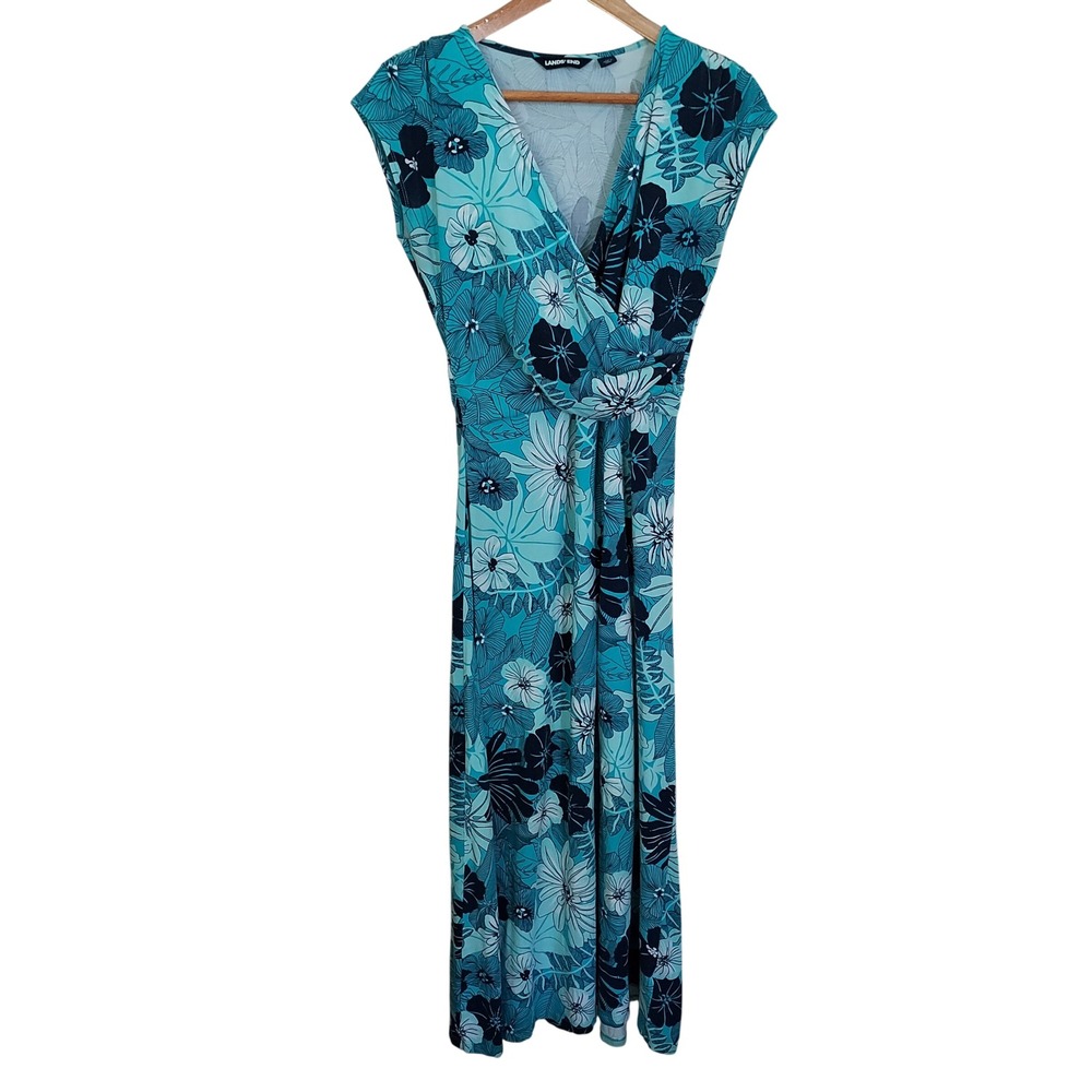 Lands End Tropical Floral Maxi Dress Teal Blue XS 2-4 V-Neck Cap Sleeve